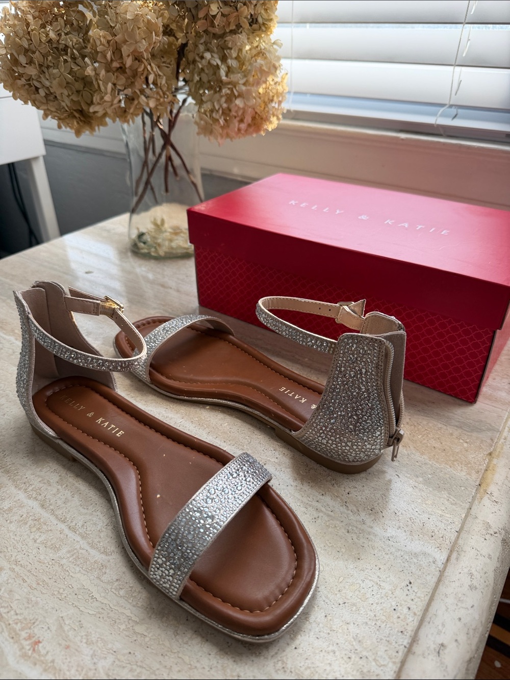 Kelly & Katie Shimmer Sand Rhinestone Ankle Strap Flat Sandals Size 8.5